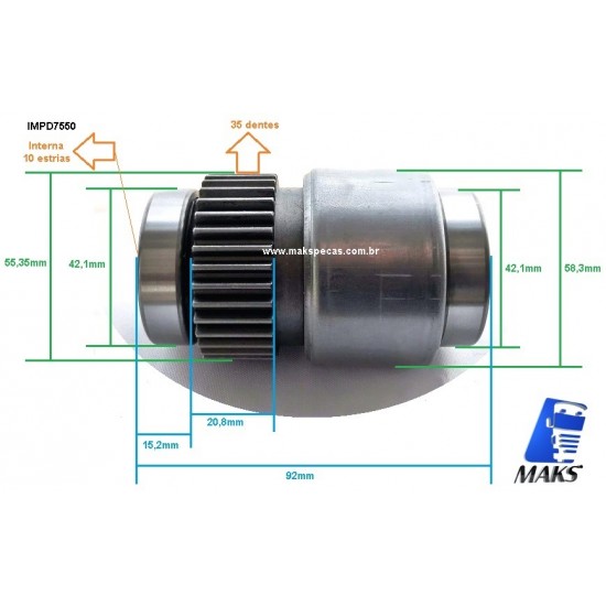 IMPD7550 - ​ Impulsor motor de arranque tipo Denso N940, 2280007550, STR70278, aplicação Iveco Cursor/outros diversos mod. Denso.