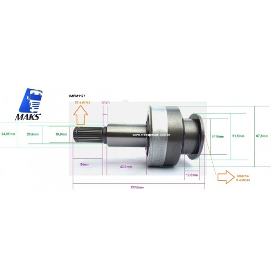 IMPM1171 - Embreagem (Impulsor ) para motor de partida Mitsubishi Série M9 5,5KW. Volvo, MBB, VW, IVECO, entre outras aplicações.