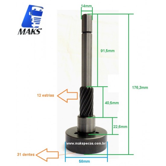 PLAN1722 - Eixo da planetária para motor de partida Delco Remy 28MT, MBB 1722
