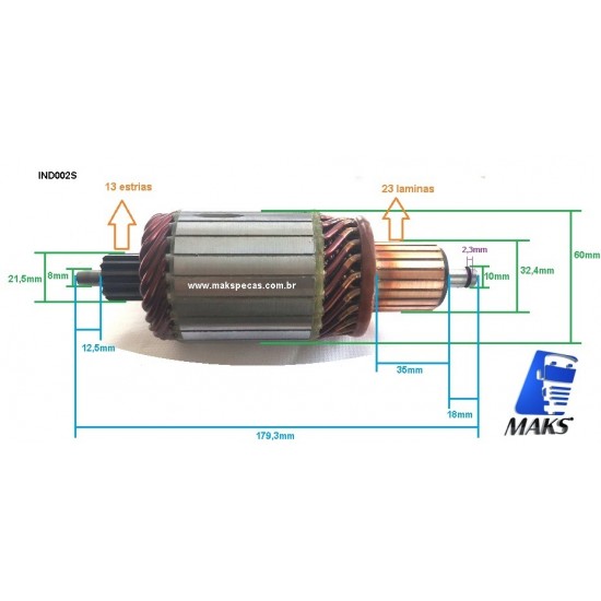 IND002S - Induzido mod 2004 015 007 , para motor de partida Bosch 0001261002 Scania Série 3/4/5