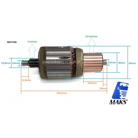 IND7100 - Induzido para motor de arranque modelo Denso 428000-7100 24V, 4.8Kw, 10 Dentes.