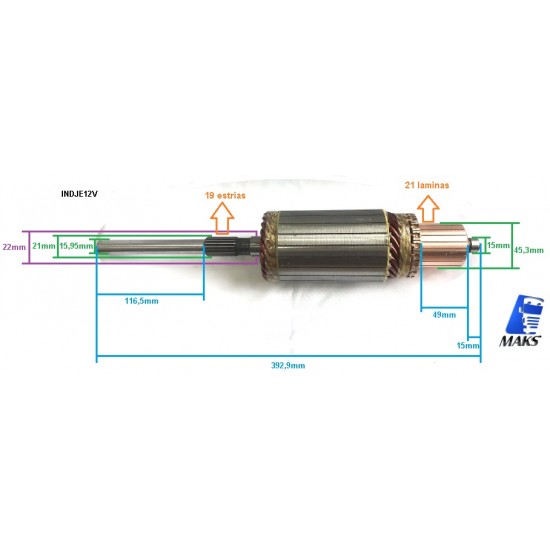 INDJE12 -  Induzido para motor de arranque tipo Bosch JE 12V 9000453067, aplicação MBB