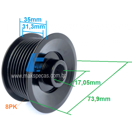 POL8892 - Polia para alternador Mitsubishi A003TA8892, aplicação Volvo VM 17 VM 21 VM 24 VM 310