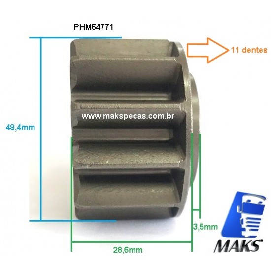 PHM64771 - Kit pinhão para motor de partida Mitsubishi M009T64771. Aplicação Sinotruck, Howo, 11 Dentes, OUTROS.