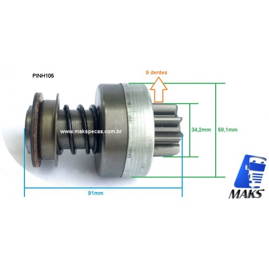 PINH105 - Pinhão impulsor para motor de partida Bosch JF, várias aplicações.