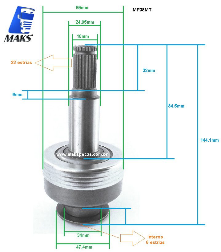 IMP38MT - Impulsor para motor de arranque tipo Delco Remy 38MT, Volvo FH, FN, FORD Cargo