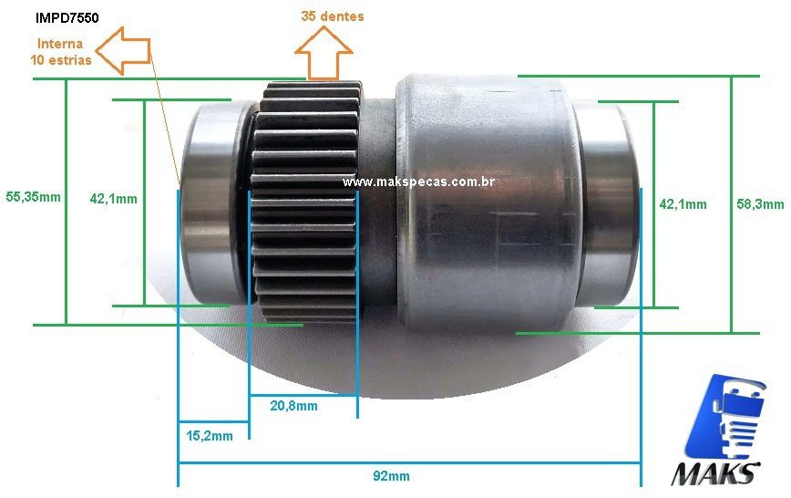 IMPD7550 - ​ Impulsor motor de arranque tipo Denso N940, 2280007550, STR70278, aplicação Iveco Cursor/outros diversos mod. Denso.
