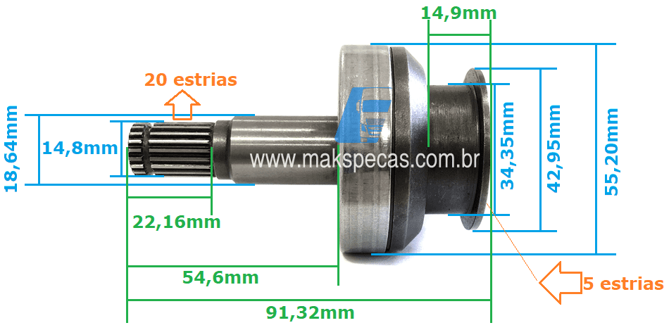 IMPM2000 - Impulsor mod Mitsubishi M191X94271 ZEM-2000 para motor de partida modelo Mitsubishi M008T80472 24V, 3.2 kW, 11 dentes CW, aplicação Caterpillar.