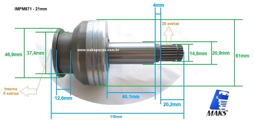 IMPM871 - Impulsor (eixo de fricção) para motor de partida Mitsubishi Série M8 5,0KW, eixo 21mm