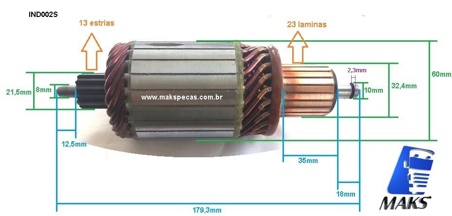 IND002S - Induzido mod 2004 015 007 , para motor de partida Bosch 0001261002 Scania Série 3/4/5