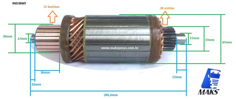 IND38MT - Induzido motor de partida Delco Remy 8200072,(00005, 00025, 00053, 00077, 00078, 00356) Volvo FH, NH12, Ford Cargo 2632, 2932, 4532, 5032, Case, Cummins, VWB, Outros.