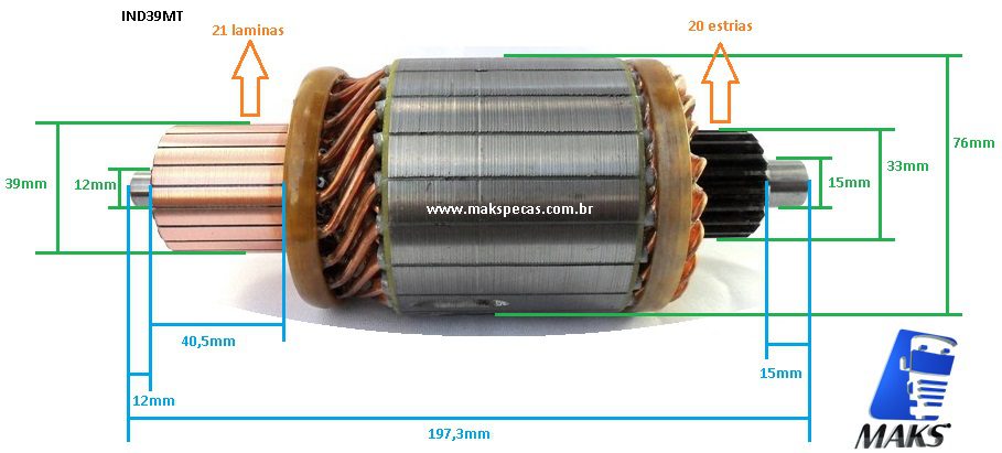 IND39MT - Induzido motor de partida Delco Remy 8200519, MBB Axor, 2035, 2040, 2044, 2540, 2044, 2540, 2544, 2640, 2644, 3340, 4140, O500RS, RSD, OM457LAE, outros.