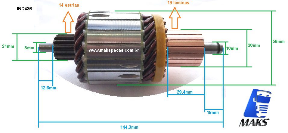 IND436 - Induzido para motor de arranque modelo Bosch EV 0001223010, 0001223505 Ford /Cummins 12V