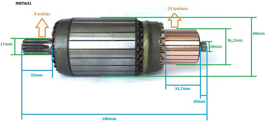 IND5641 - Induzido para motor de Partida tipo Denso 24V, 4,5Kw, 10dentes. Aplicação Iveco Stralis 2995138/ 42498714/ 99432760/ Lucas LRS01957/ LRS1957