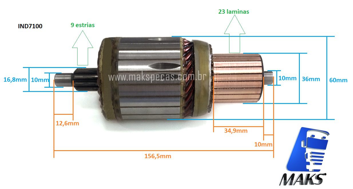IND7100 - Induzido para motor de arranque modelo Denso 428000-7100 24V, 4.8Kw, 10 Dentes.