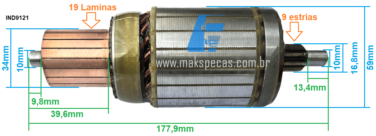 IND9121 - Induzido para motor de arranque modelo Denso 428000-9121 24V 7,0kW aplicação Caterpillar
