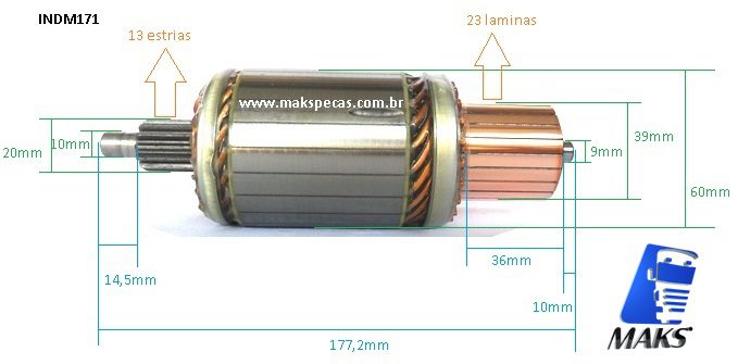 INDM171 - Induzido para motor de partida Mitsubishi Série M9 5,5Kw 24V. Diversas aplicações, confira a lista abaixo.