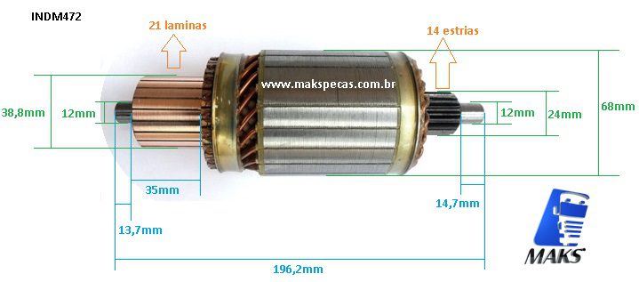 INDM472 - Induzido para motor de partida Mitsubishi Série M9 7,5KW 24V, Mercedes Benz, Isuzu, Jonh Deere