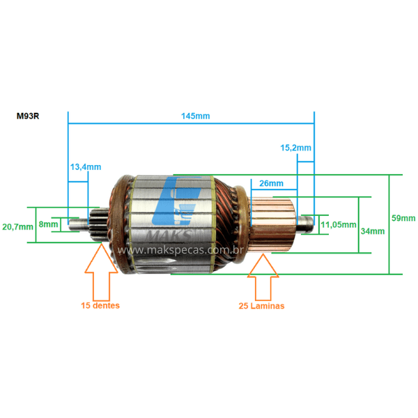 INDM93R - Induzido para motor de arranque modelo Prestolite M93R 12V Ford cargo, Cummins, Agrale, Sprinter