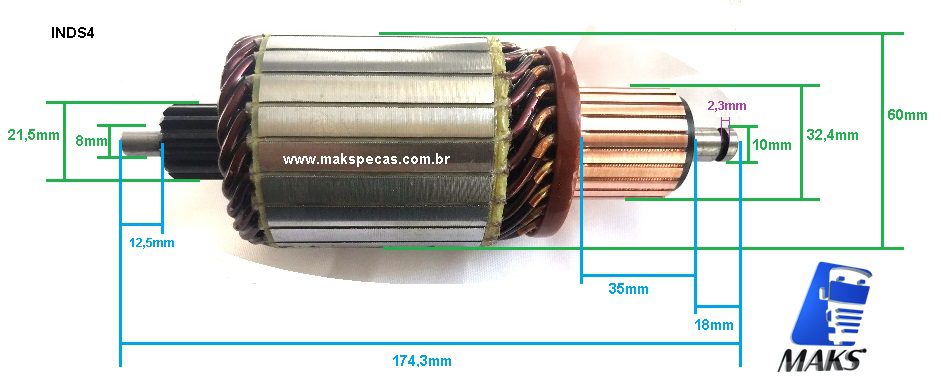 INDS4 - Induzido mod Bosch 6033AD5025/ 6033AD5148/ DAF 1658732 para motor  partida tipo Bosch 0001241001 scania Série 3/4/5