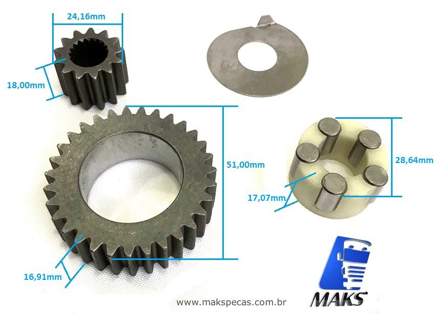 ENG7550 - Kit engrenagens e rolamento da planetária do motor de arranque modelo Denso N940, 2280007550, STR70278, 24V 5,5KW Iveco, Case, Caterpillar, outros.