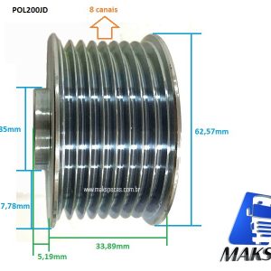 POL200JD - Polia alternador eletronico tipo Bosch 0124625030 12V 200A. Aplicação Tratores John Deere, AH229090.