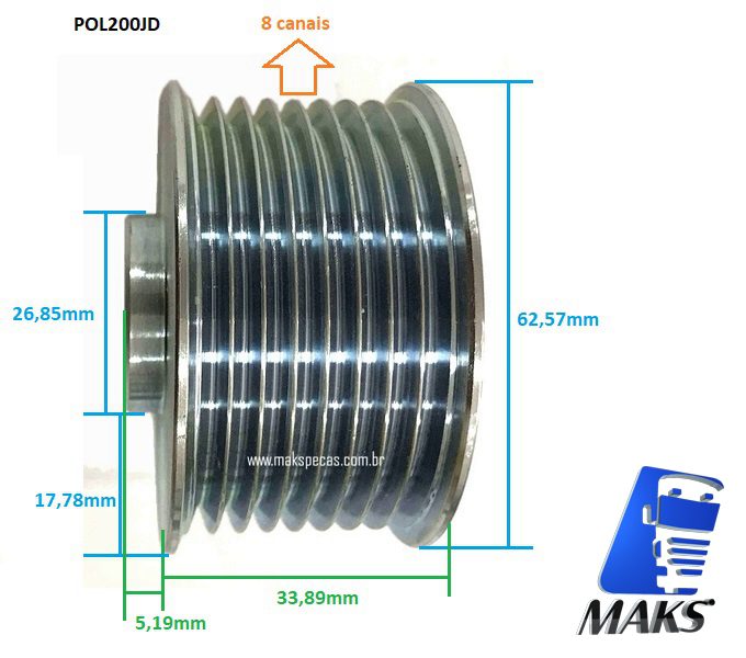 POL200JD - Polia alternador eletronico tipo Bosch 0124625030 12V 200A. Aplicação Tratores John Deere, AH229090.