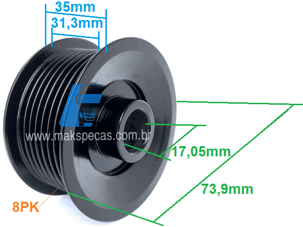 POL8892 - Polia para alternador Mitsubishi A003TA8892, aplicação Volvo VM 17 VM 21 VM 24 VM 310