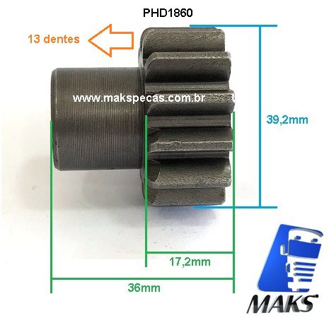 PHD1860 - Pinhão para motor arranque Denso 12V 13D 4280001850, 4280001860 Cummins, Case