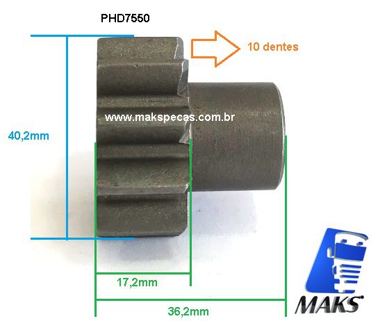 PHD7550 - Kit pinhão para motor de Partida tipo Denso 228000-7550 24V, 5,5Kw, 10dentes. Aplicação Iveco Cursor.