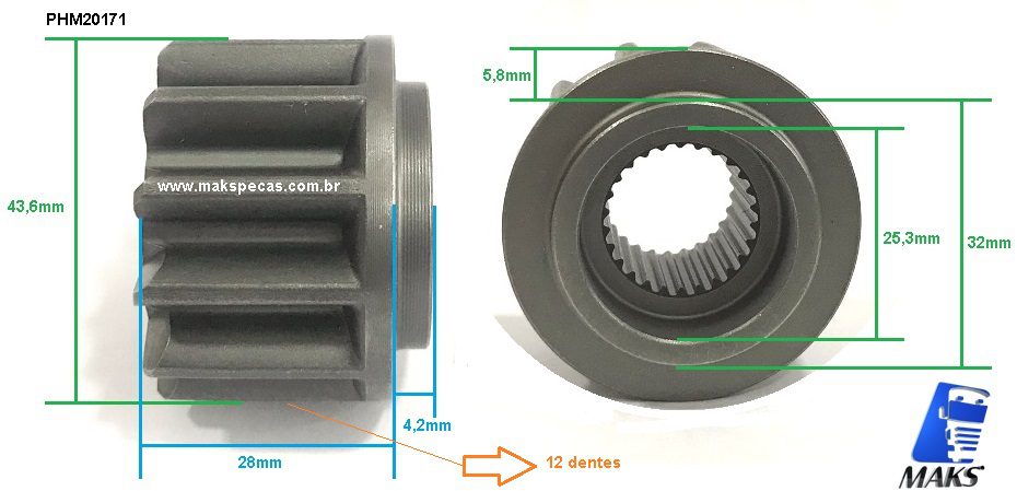 PHM20171 - Kit Pinhão  12 dentes para motor de partida tipo Mitsubishi M009T20171. Aplicação MBB Axor, Atron, Actron, Citaro, outros