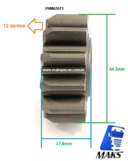 PHM62671 - Pinhão para motor de Partida tipo Mitsubishi M008T62671 24V 5,0Kw 12 dentes.Aplicação MAN/VW 51262017236.