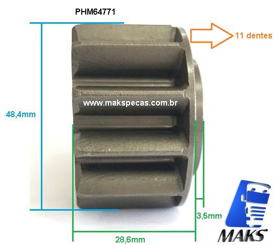 PHM64771 - Kit pinhão para motor de partida Mitsubishi M009T64771. Aplicação Sinotruck, Howo, 11 Dentes, OUTROS.