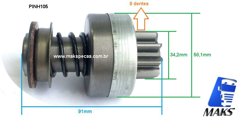 PINH105 - Pinhão impulsor para motor de partida Bosch JF, várias aplicações.