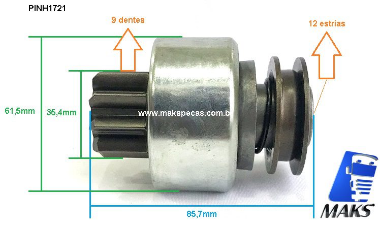 PINH1721 - Pinhão Impulsor ( Bendix ), para motor de partida Delco Remy 28MT 24V, MBB 1721, outros