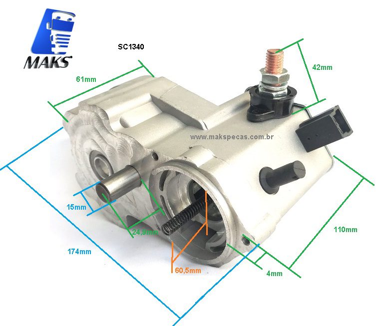 SC1340 - Mancal intermediário com solenóide montado  para motor de Partida tipo Denso 24V, 7,5Kw, 10dentes. Aplicação em Motores Cummins 4280001340.