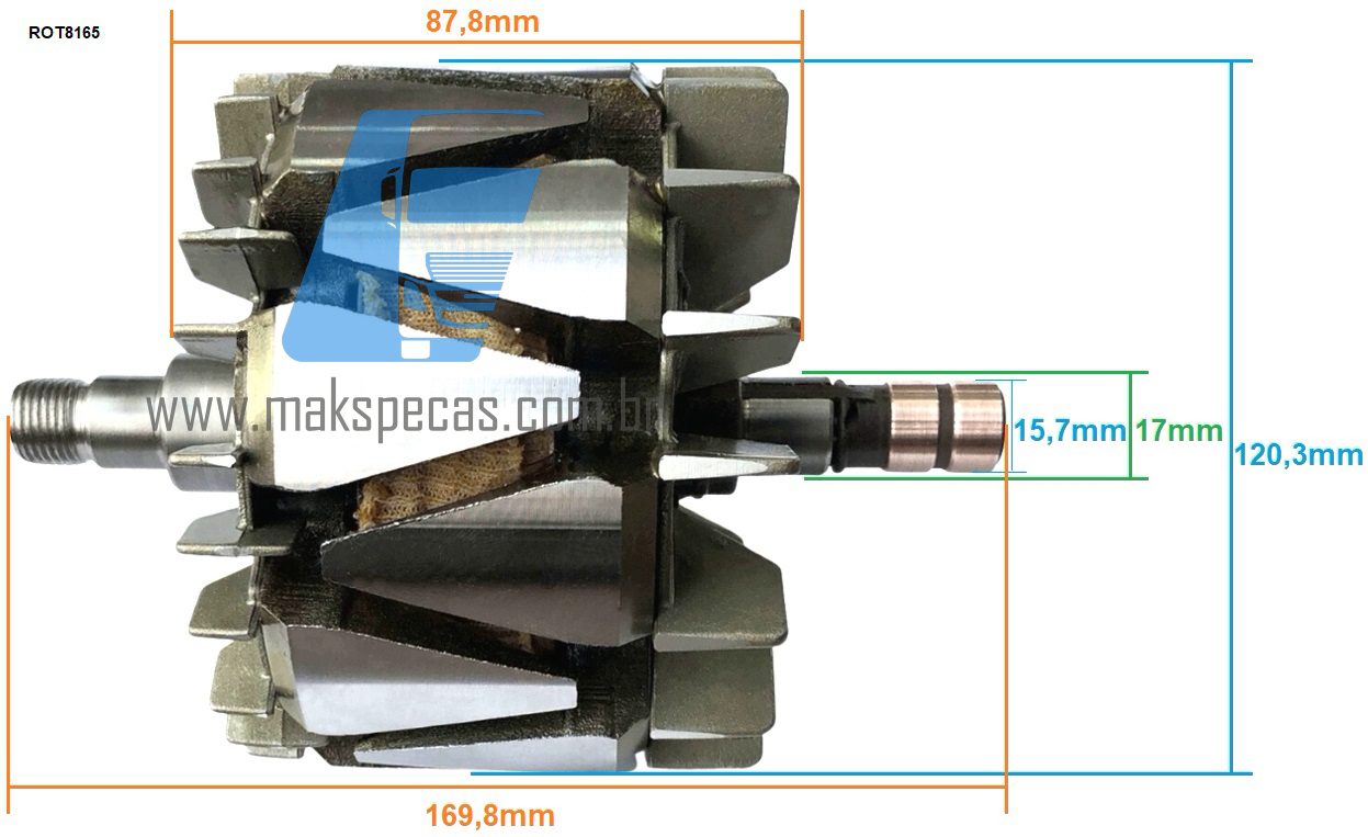 ROT8165 - Rotor para alternador modelo Prestolite 53160023, 24V, 190A, aplicação Scania 2448165
